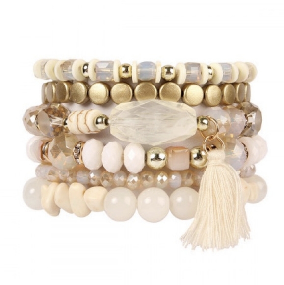 ONE Left! Beautiful Boho Style Ivory & Gold Neutral Toned Stacking Bracelets - Picture 2 of 4